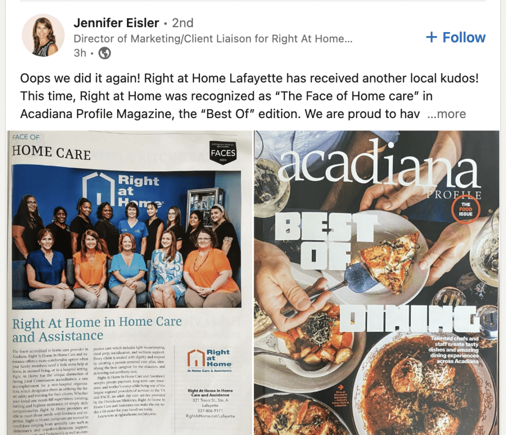 Congratulations Right at Home Lafayette for the Local Spread in the Acadiana Profile!